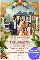 Grand Dhoti and Housewarming Ceremony Invitation with Modern Family Illustration and Ornate Arch Theme Background