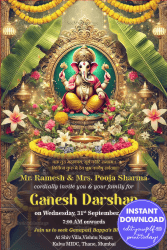 Grand Ganesh Darshan Invitation Card with Traditional Elements and Sacred Floral Decorations