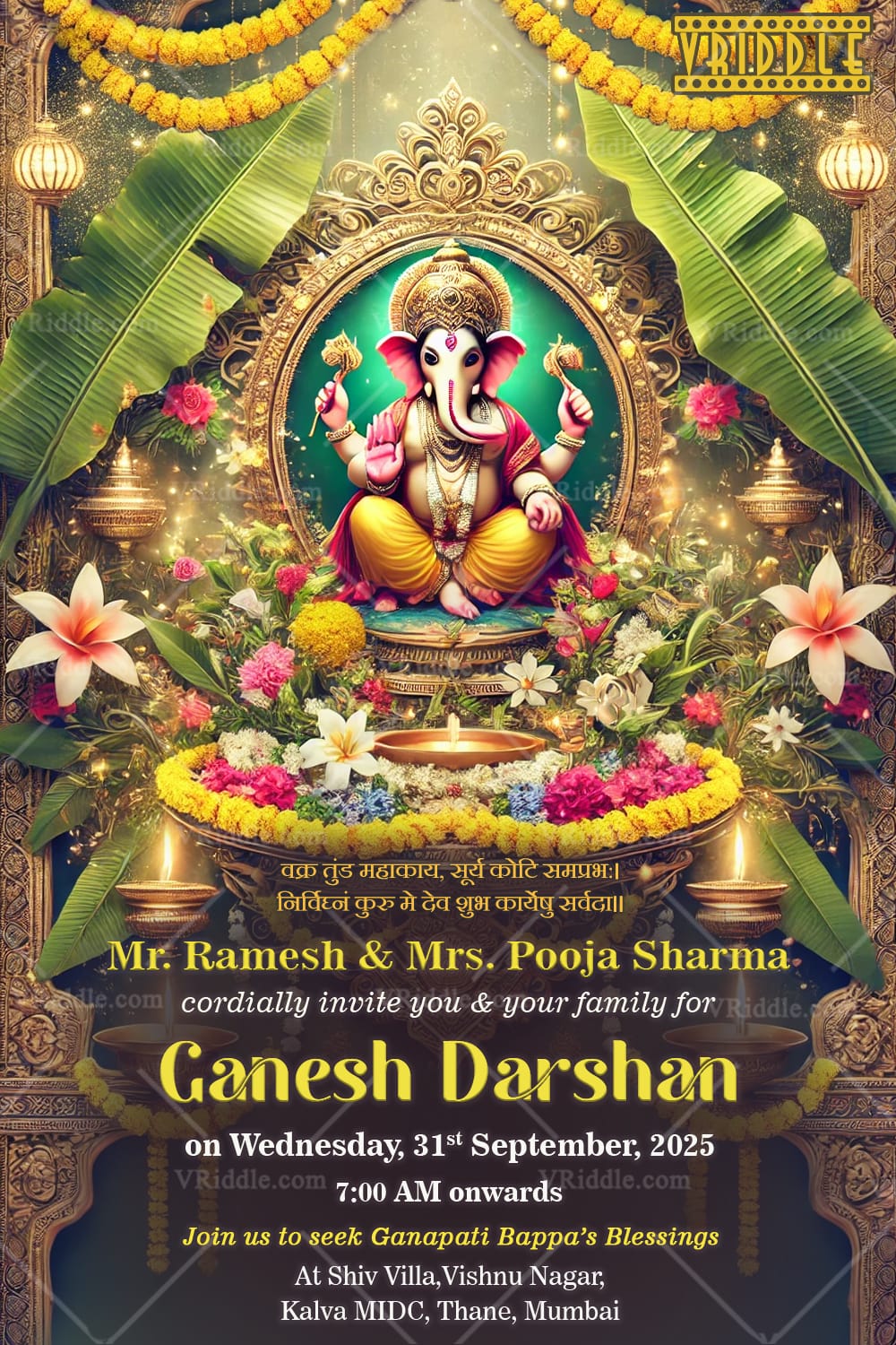 Grand Ganesh Darshan Invitation Card with Traditional Elements and Sacred Floral Decorations