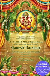 Hindu Theme Ganesh Darshan Invitation Card with Festive Decor and Traditional Elements