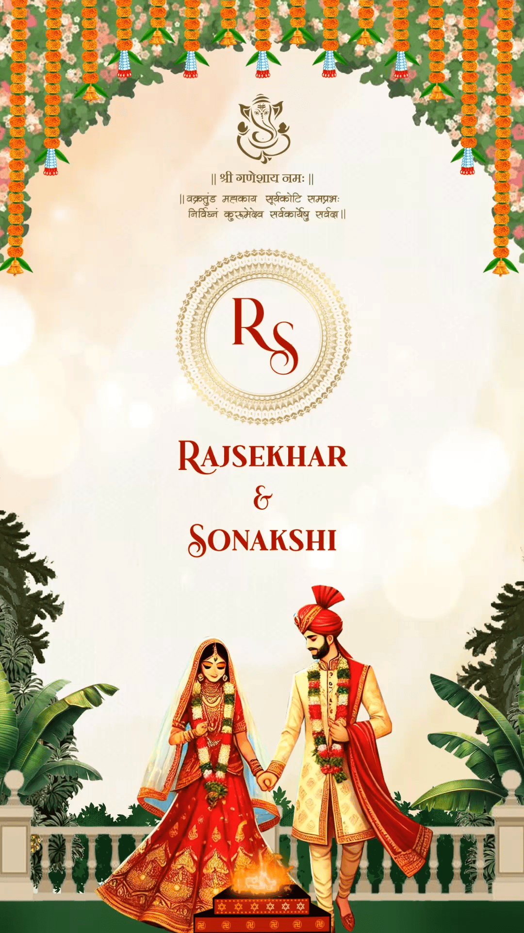 Indian Majestic Wedding Invitation Video with Beautiful Couple Illustration and Multiple Events Included
