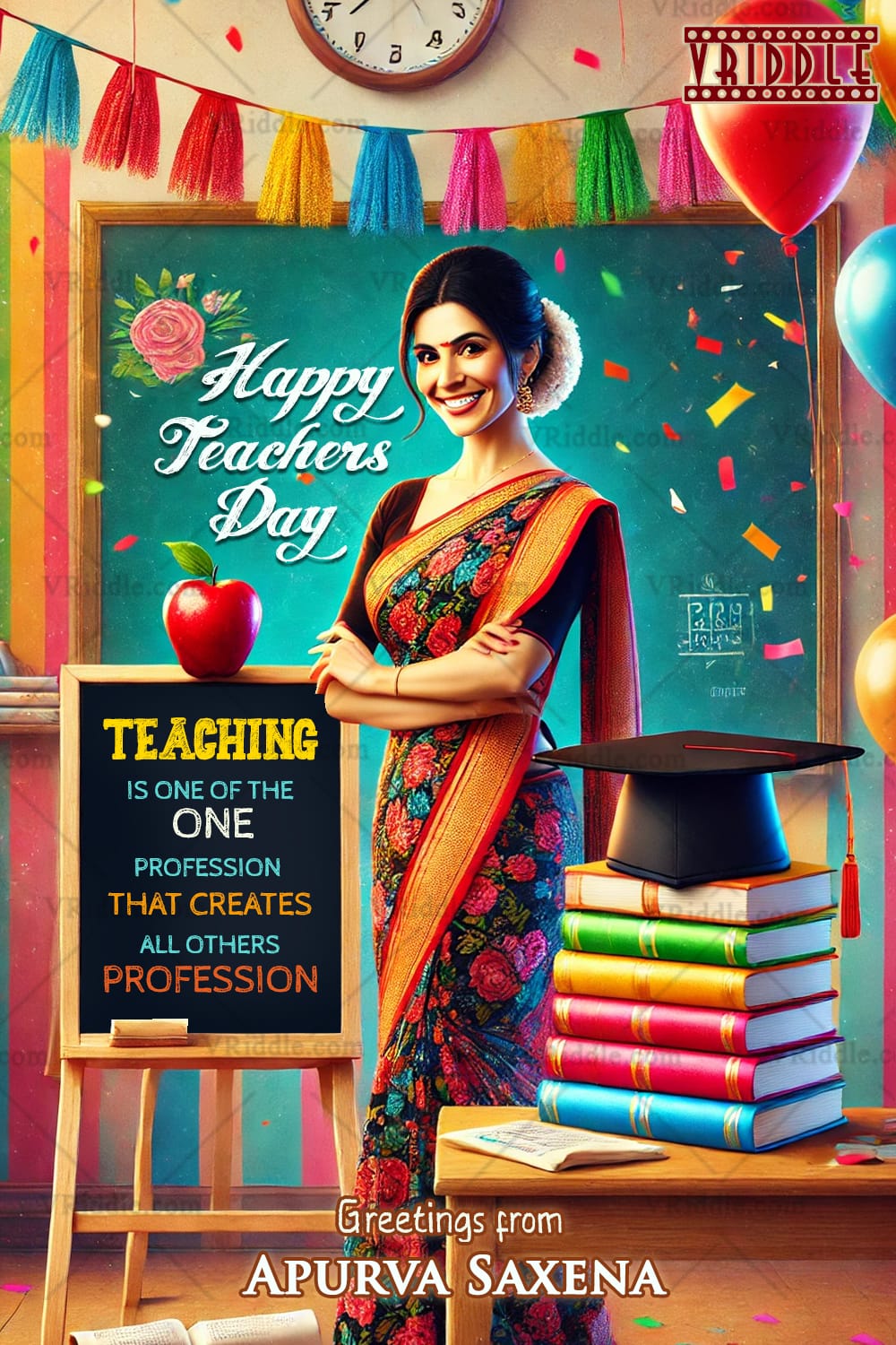 Inspirational Teachers Day Greeting Card with a colorful classroom backdrop