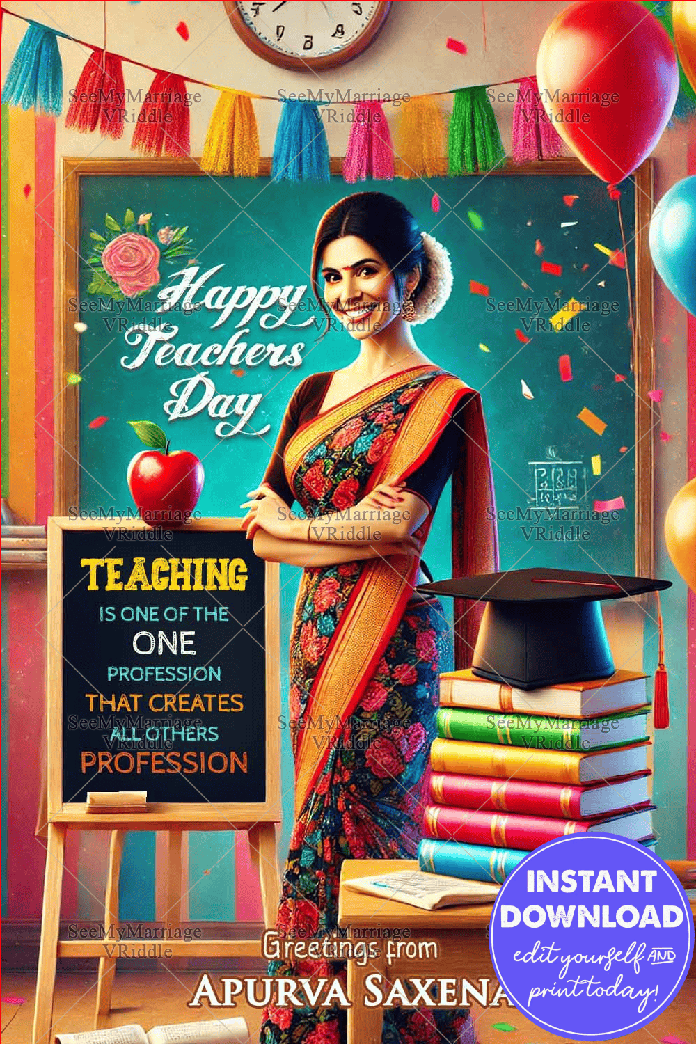 Inspirational Teachers Day Greeting Card with a colorful classroom backdrop