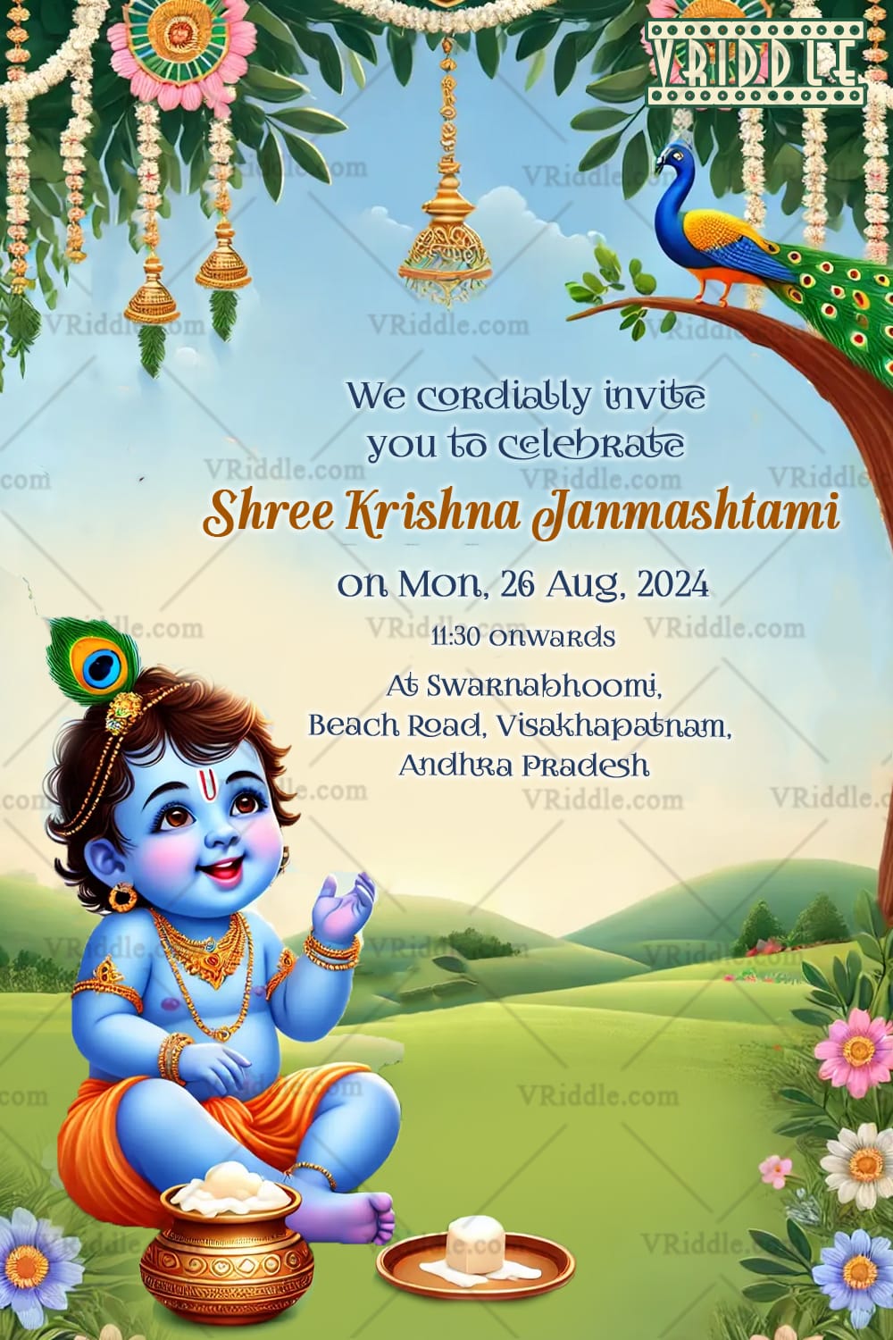 Joyful Krishna Shree Krishna Janmashtami Invitation Card with Festive Decor and Butter Pot