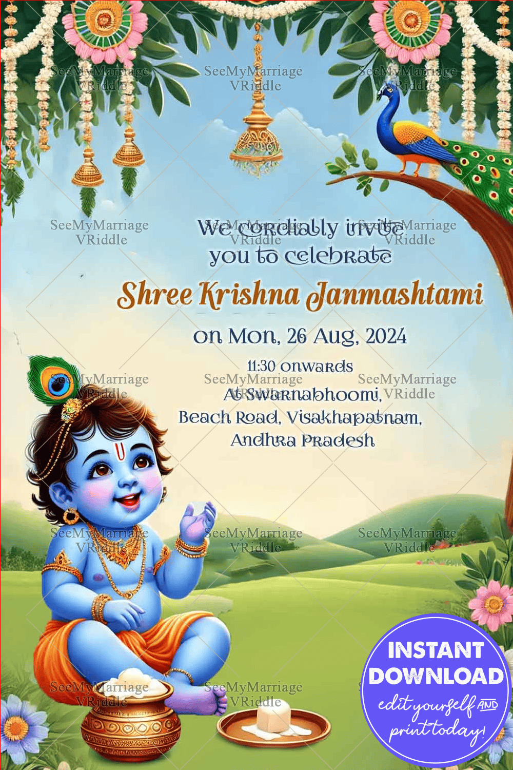 Joyful Krishna Shree Krishna Janmashtami Invitation Card with Festive Decor and Butter Pot