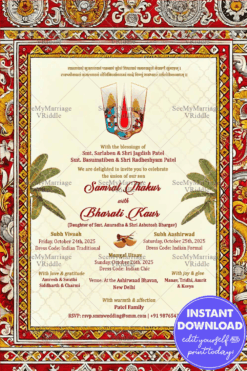 Kalamkari Art Wedding Invitation Card with Vibrant Borders and Divine Symbolism