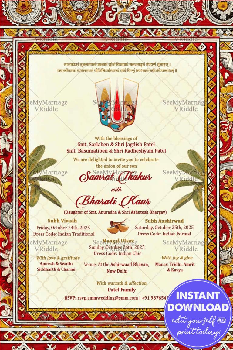 Kalamkari Art Wedding Invitation Card with Vibrant Borders and Divine Symbolism