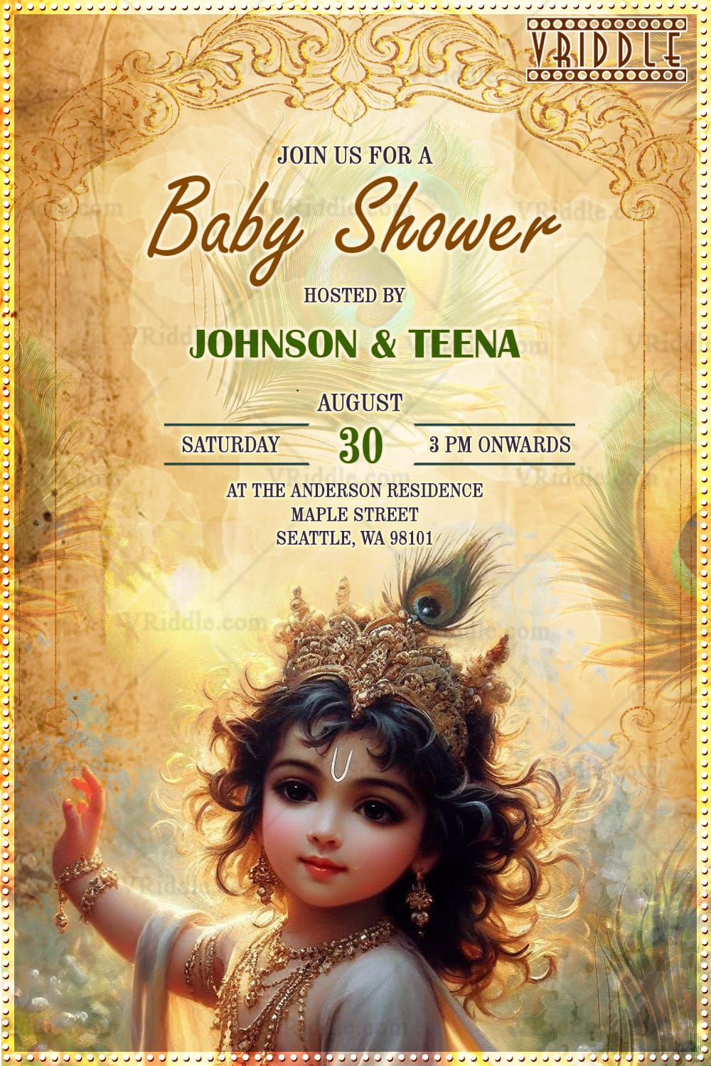 Krishna Themed Baby Shower Invitation with Gold Accents and Warm Tones