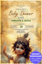 Krishna Themed Baby Shower Invitation with Gold Accents and Warm Tones