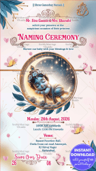 Krishna Themed Naming Ceremony Invitation Card with Pink and Blue Color Background