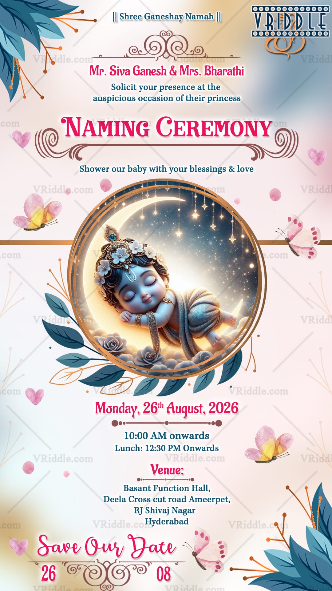 Krishna Themed Naming Ceremony Invitation Card with Pink and Blue Color Background