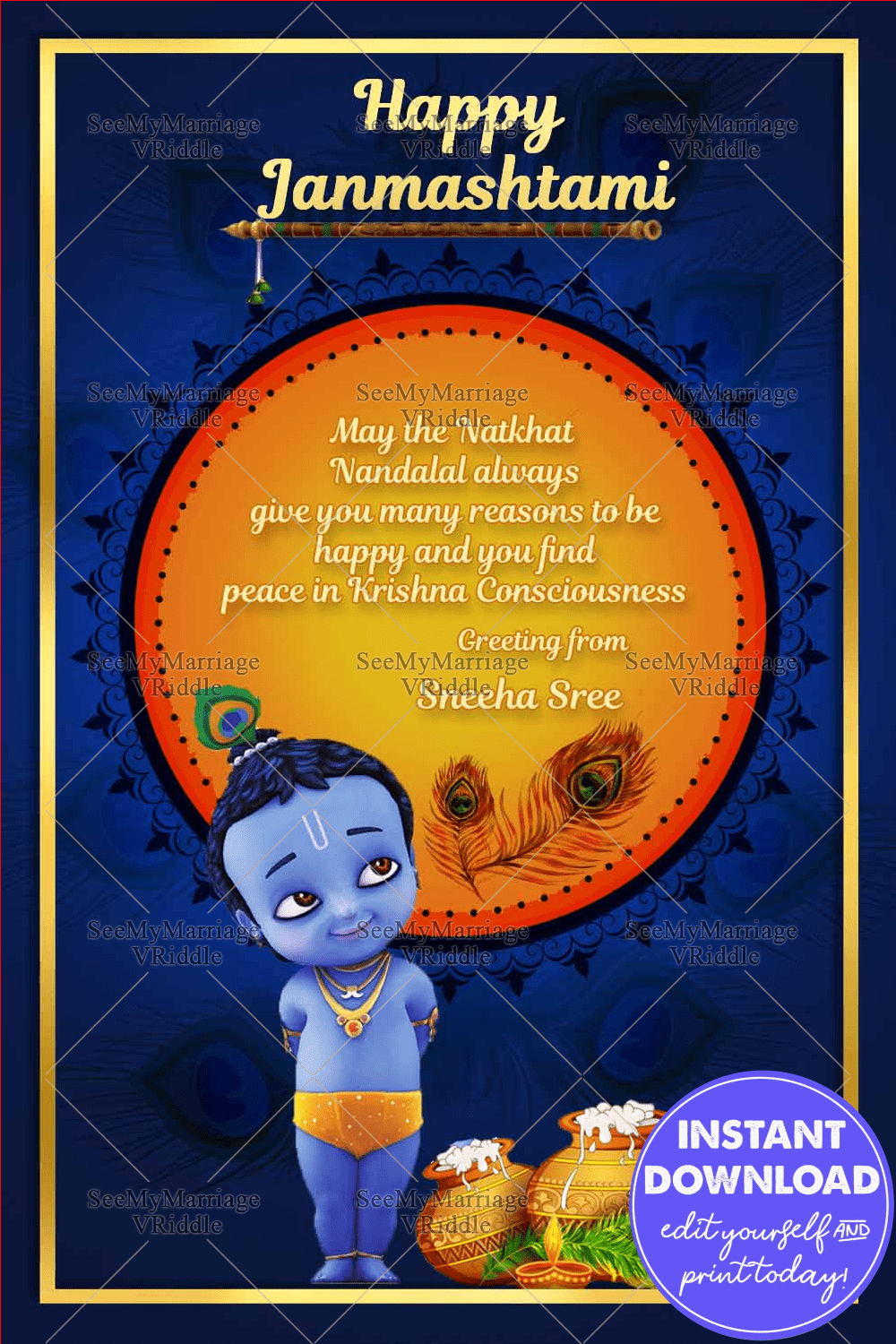 Leela Krishna Theme Krishnashtami Greeting Card