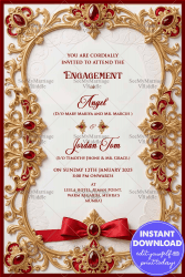 Luxurious Golden Engagement Invitation Card with Red Gemstone Accents Background