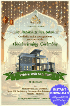 Muslim Housewarming Invitation Card with Modern Home Illustration and String Lights Background