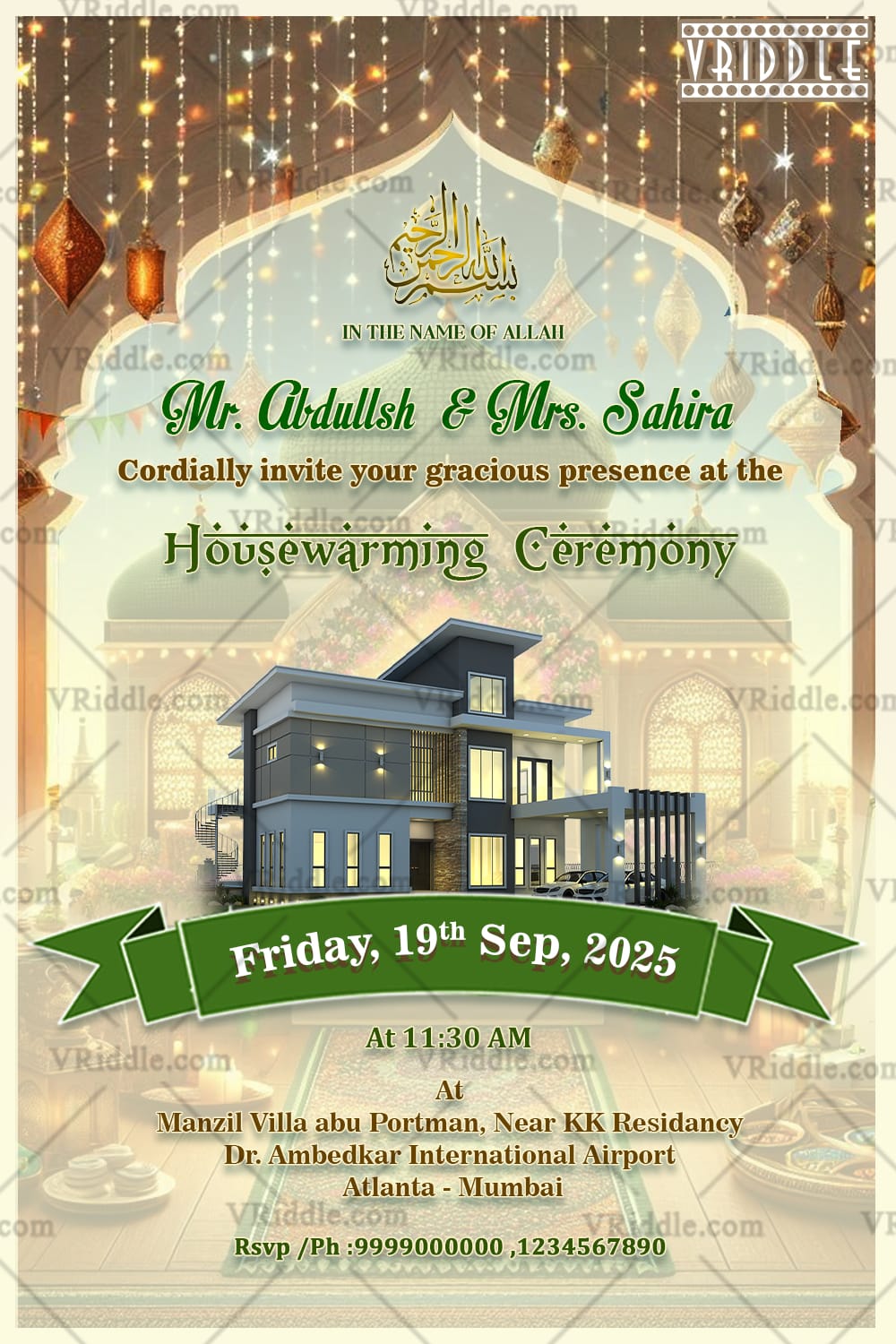 Muslim Housewarming Invitation Card with Modern Home Illustration and String Lights Background