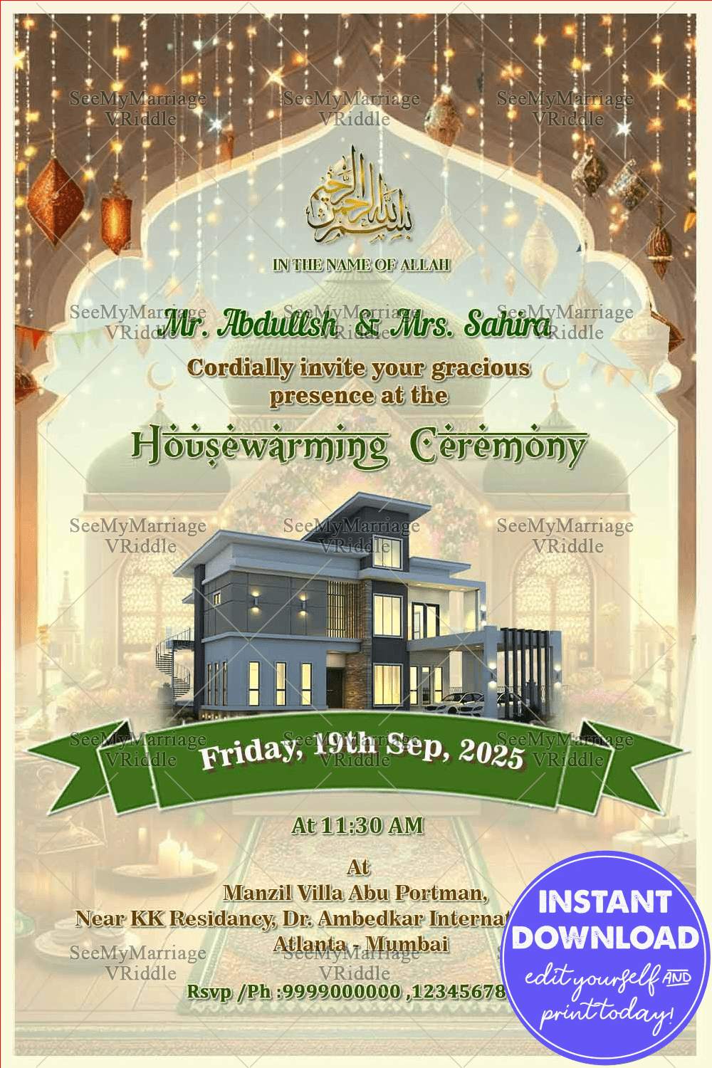 Muslim Housewarming Invitation Card with Modern Home Illustration and String Lights Background