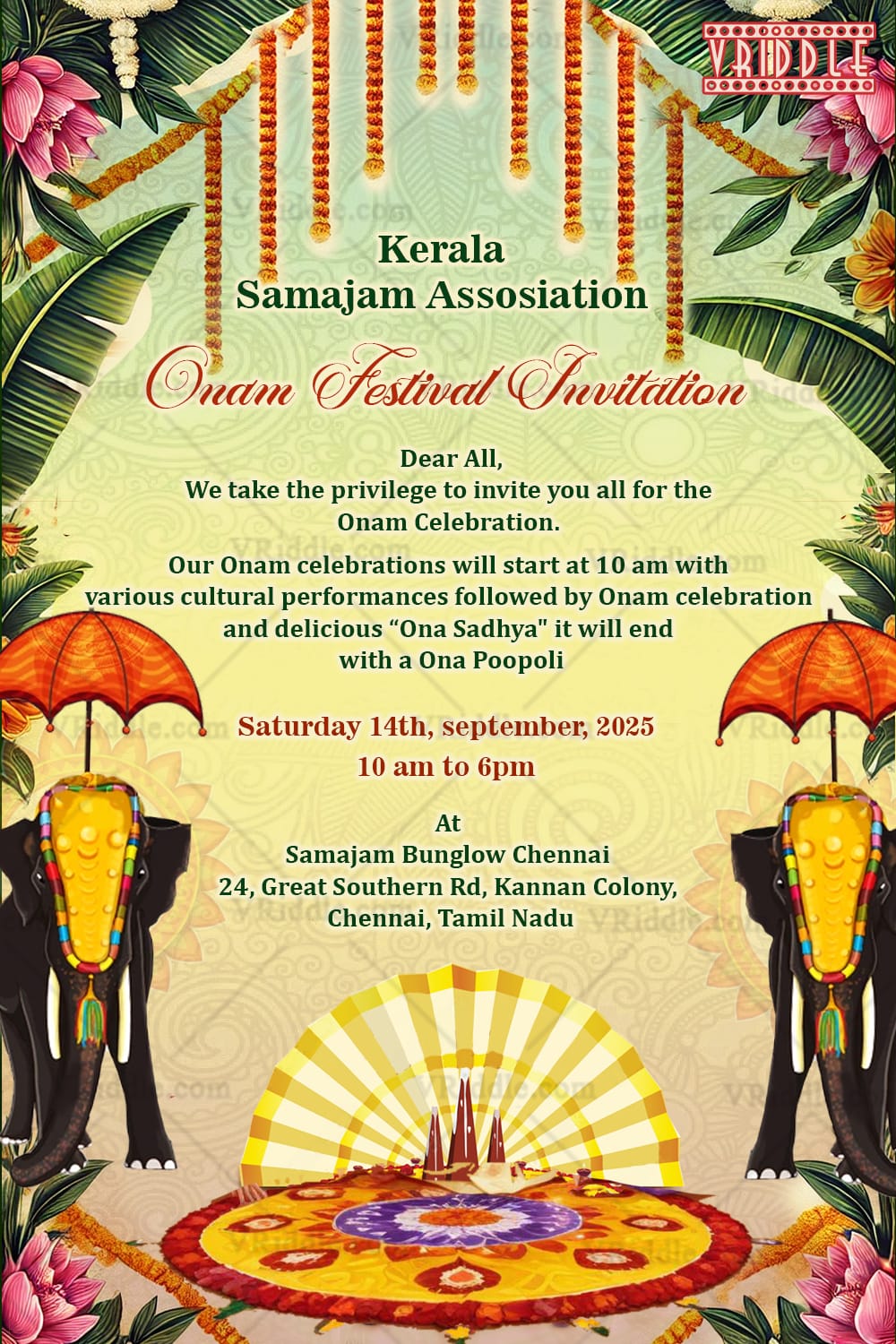 Onam Festival Invitation Card with Traditional Elephants and Pookalam Design