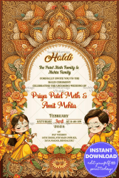 The beautifully designed invitation card for a Haldi ceremony, featuring a rich and ornate traditional Indian design. The card is framed by intricate floral and paisley patterns in warm tons of gold, orange, and brown, creating a luxurious and festive feel. The two adorable cartoon characters are depicted—one on each side of the card. The characters are dressed in traditional Indian attire, with the girl wearing a yellow saree and floral jewelry, while the boy is dressed in a yellow kurta. The lower half of the card includes additional floral elements and decorative motifs, complementing the overall theme and adding to the festive atmosphere. #HaldiCeremony #TraditionalInvitation #OrnateDesign #IndianWedding #FloralPatterns #CartoonCouple #CulturalCelebration #FestiveInvitation #IndianTradition #WeddingInvites #ElegantDesign #HaldiInvitation #VibrantCeremony #IndianCulture