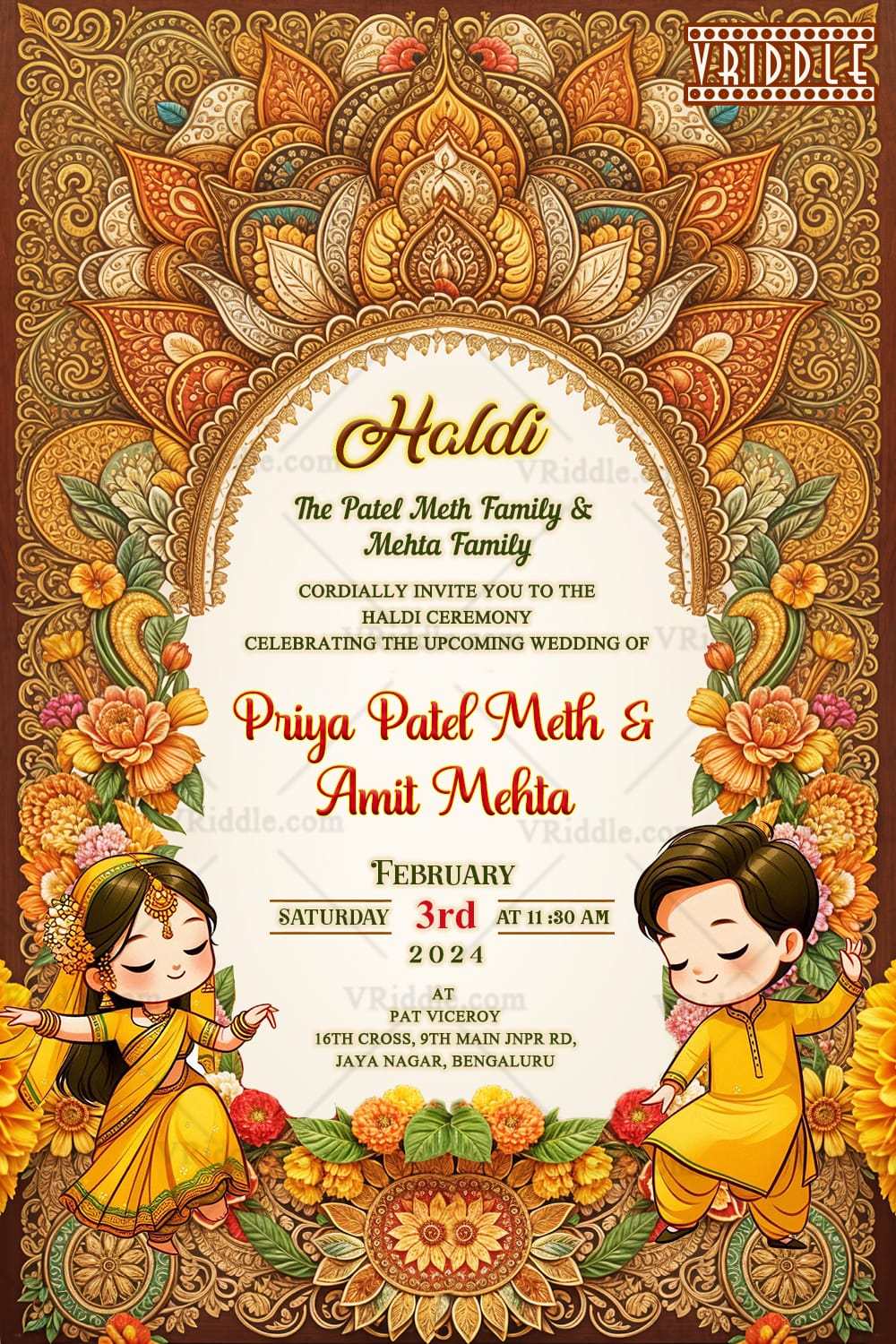 Ornate Haldi Ceremony Invitation Card with Dancing Cartoon Couple and Floral Patterns Background