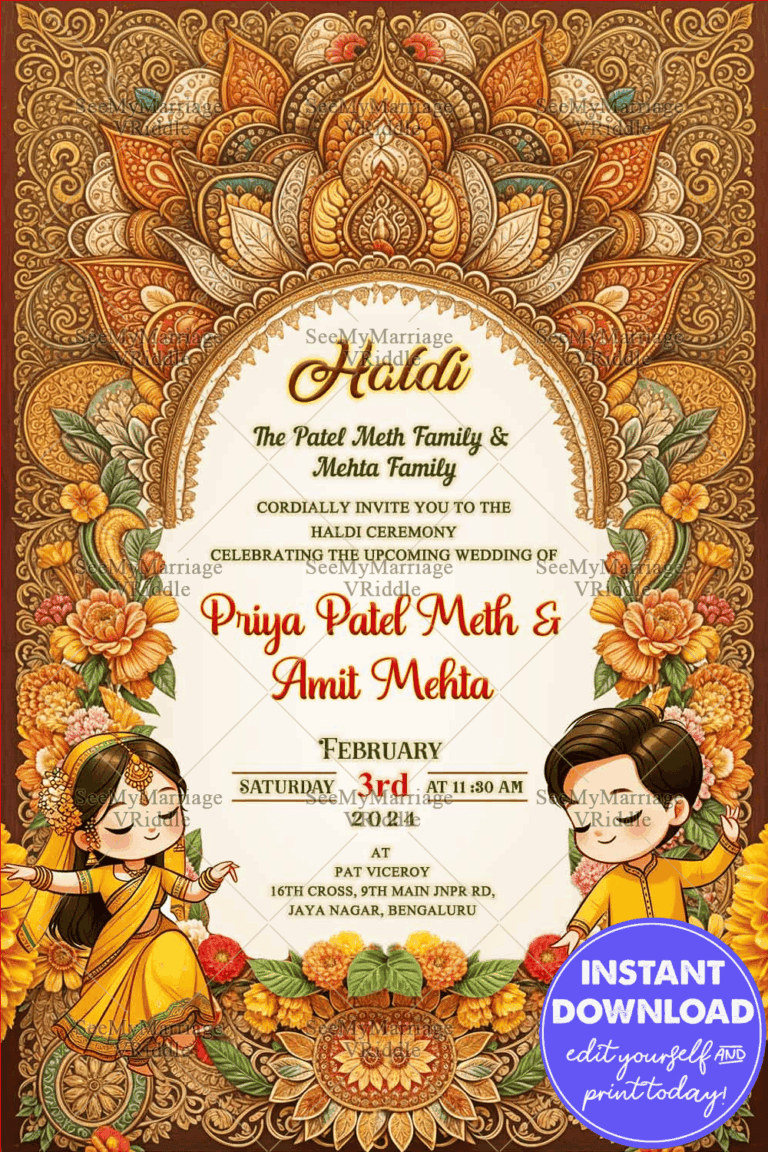 Ornate Haldi Ceremony Invitation Card with Dancing Cartoon Couple and Floral Patterns Background