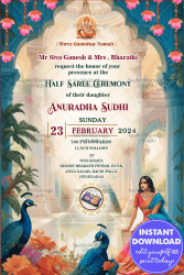 Peacock Themed Half Saree Ceremony Invitation with Ornate Arch and Floral Decor Background