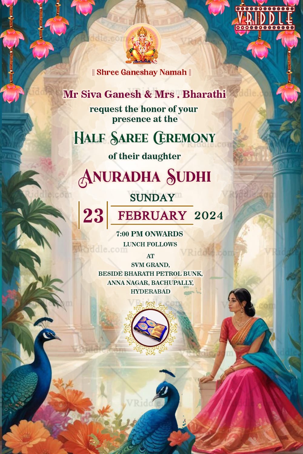 Peacock Themed Half Saree Ceremony Invitation with Ornate Arch and Floral Decor Background