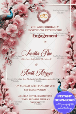 Pink Blossom Themed Engagement Invitation Card with Peacocks Design Background