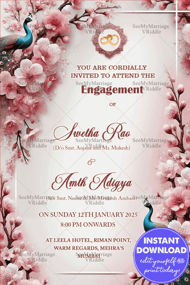 Pink Blossom Themed Engagement Invitation Card with Peacocks Design Background