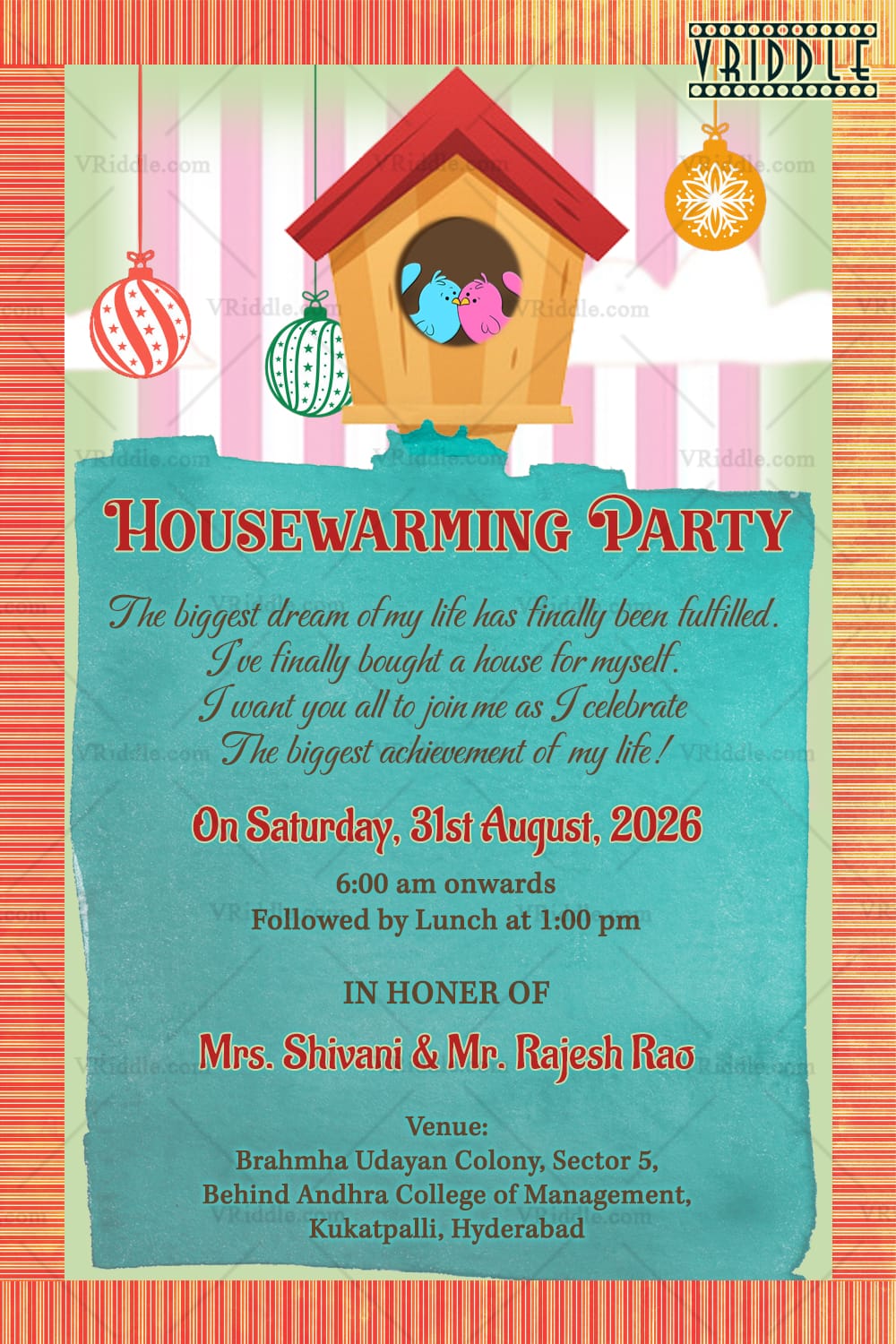 Playful Birdhouse Housewarming Party Invitation Card with Blue Theme