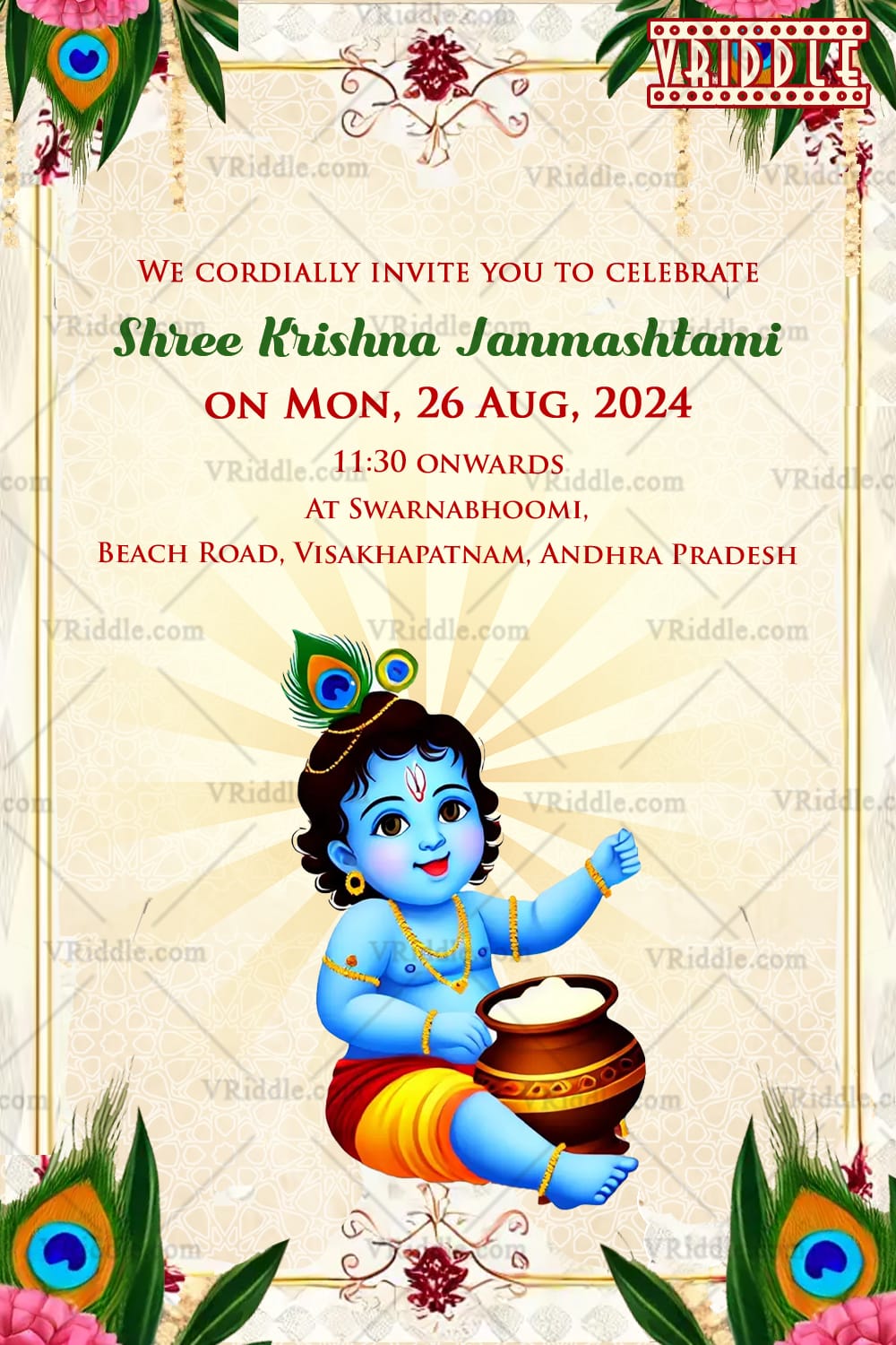 Playful Krishna Shree Krishna Janmashtami Invitation Card with Butter Pot and Peacock Feathers