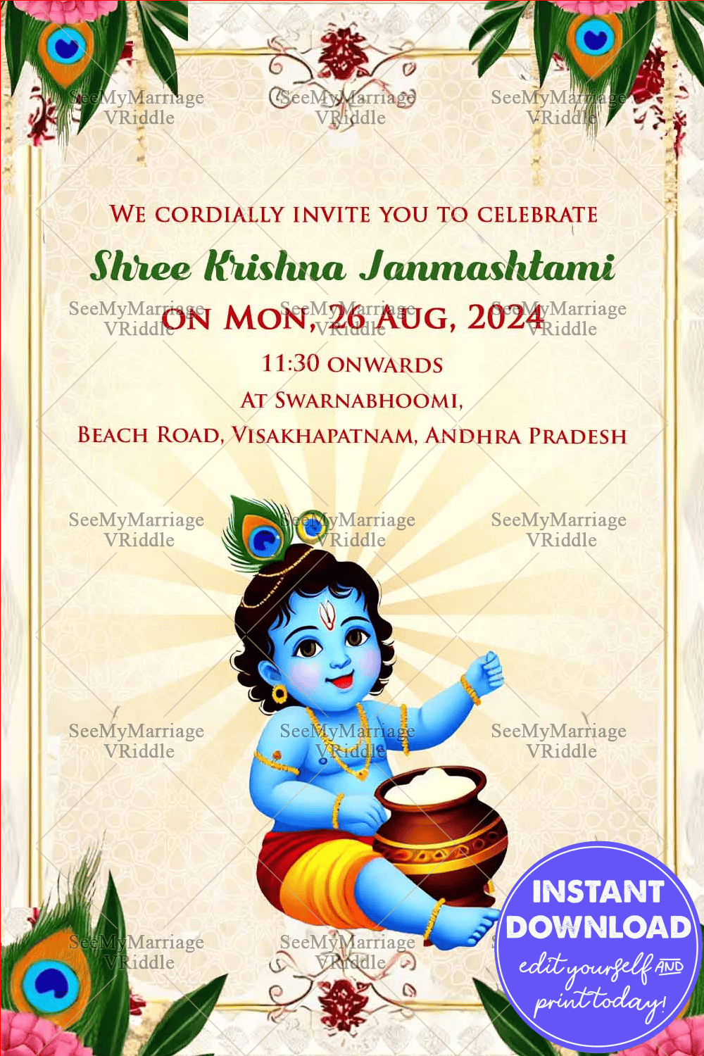Playful Krishna Shree Krishna Janmashtami Invitation Card with Butter Pot and Peacock Feathers