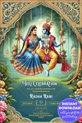 Radha-Krishna Theme Teej Celebration Invitation Card with Ornate Arch and Floral swing Background