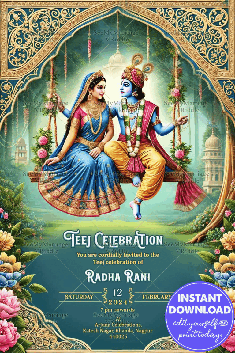 Radha-Krishna Theme Teej Celebration Invitation Card with Ornate Arch and Floral swing Background