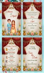 Red Curtain Themed Wedding Invitation Suite with Cute Cartoon Couple and Multiple Events Included