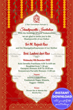 Red and Gold Theme Shastipoorthi Invitation with Ganesha Motif and Floral Borders Background