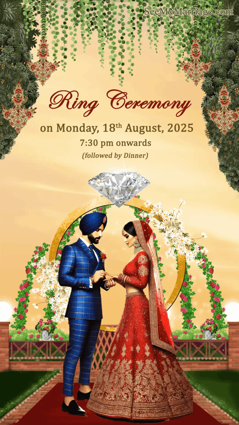 Royal Indian Sikh Wedding Invitation Video with Floral Arch Theme and Romantic couple Illustration