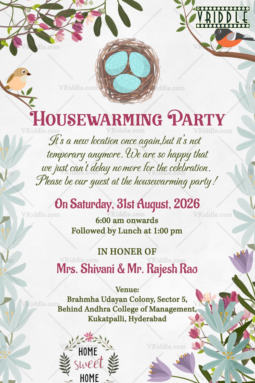 Rustic Nest Theme Housewarming Party Invitation Card with Floral Accents and Birds Motif Design