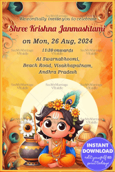 Saffron Theme Krishna Janmashtami Invitation with Cute Baby Krishna Art and Peacock Feather Motifs