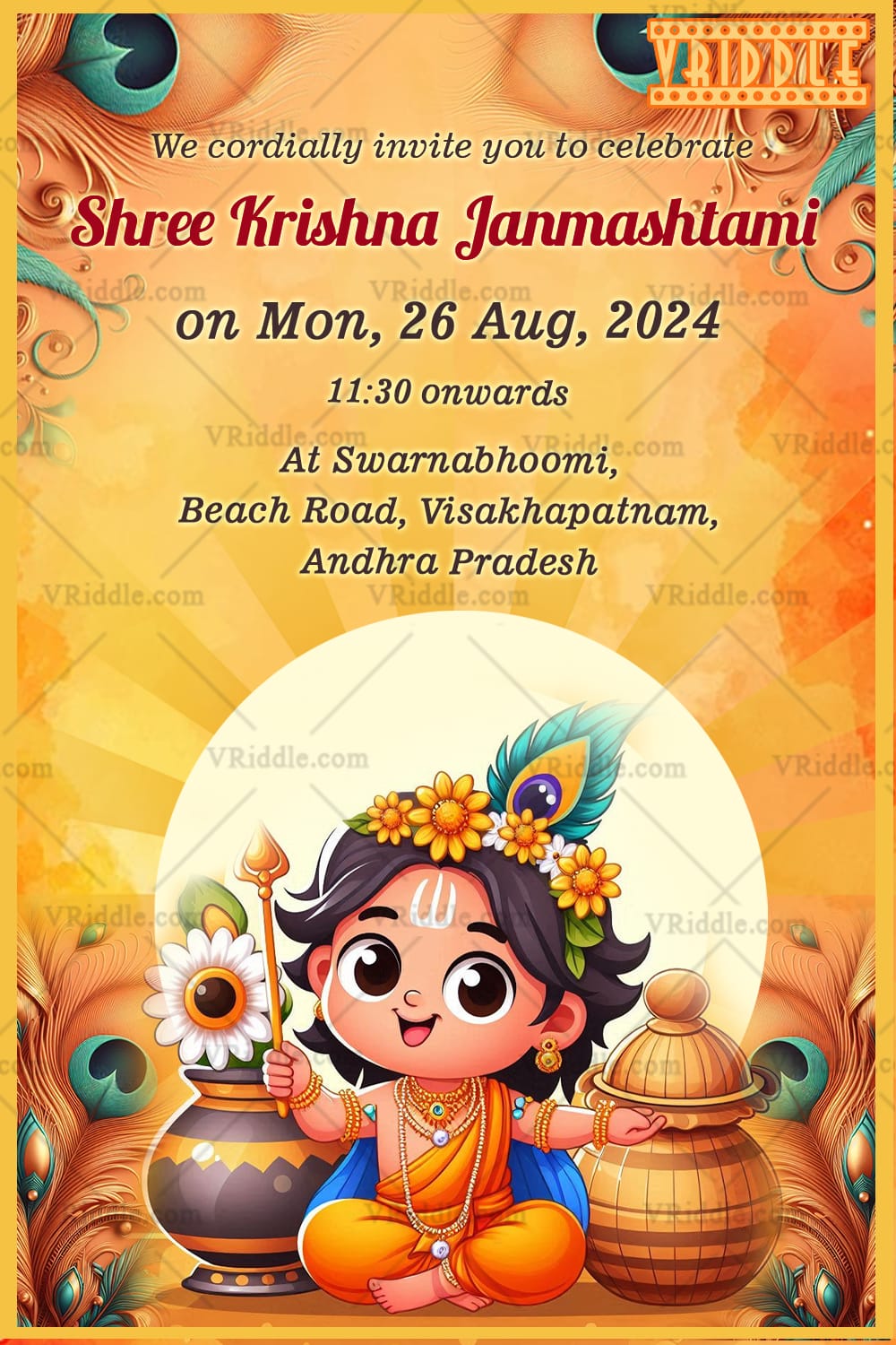 Saffron Theme Krishna Janmashtami Invitation with Cute Baby Krishna Art and Peacock Feather Motifs