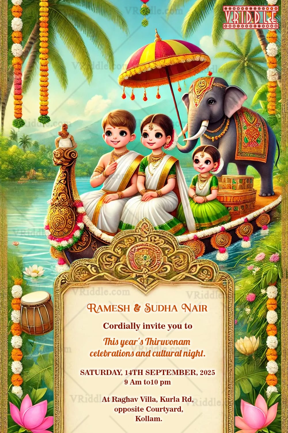 Scenic Backdrop Onam Celebration Invitation Card with Cartoon Family, Elephant and Boat Theme