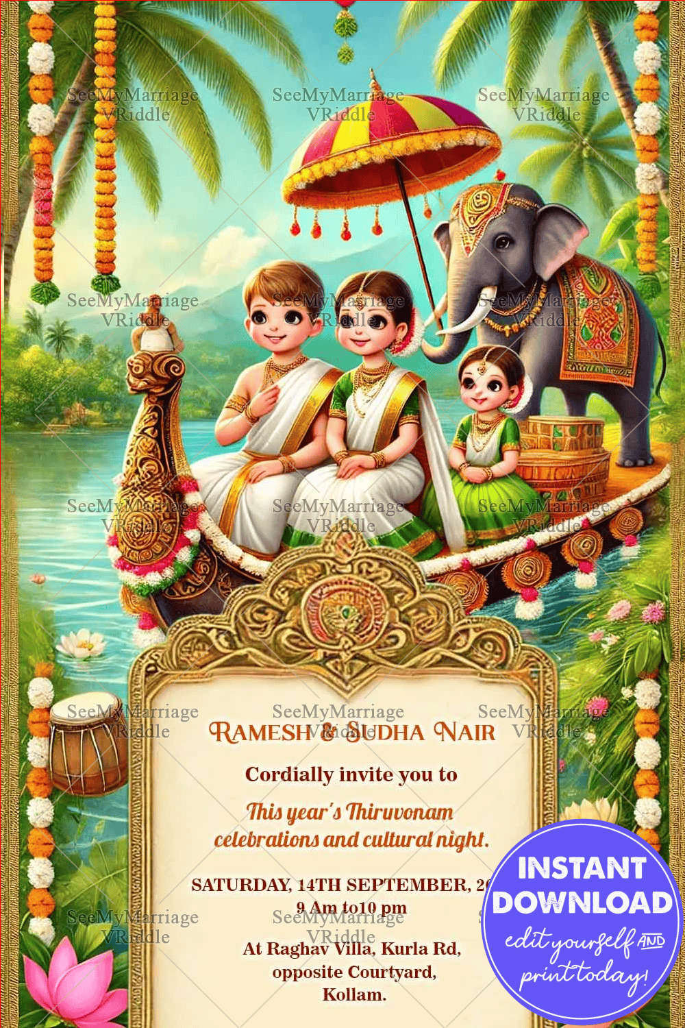 Scenic Backdrop Onam Celebration Invitation Card with Cartoon Family, Elephant and Boat Theme