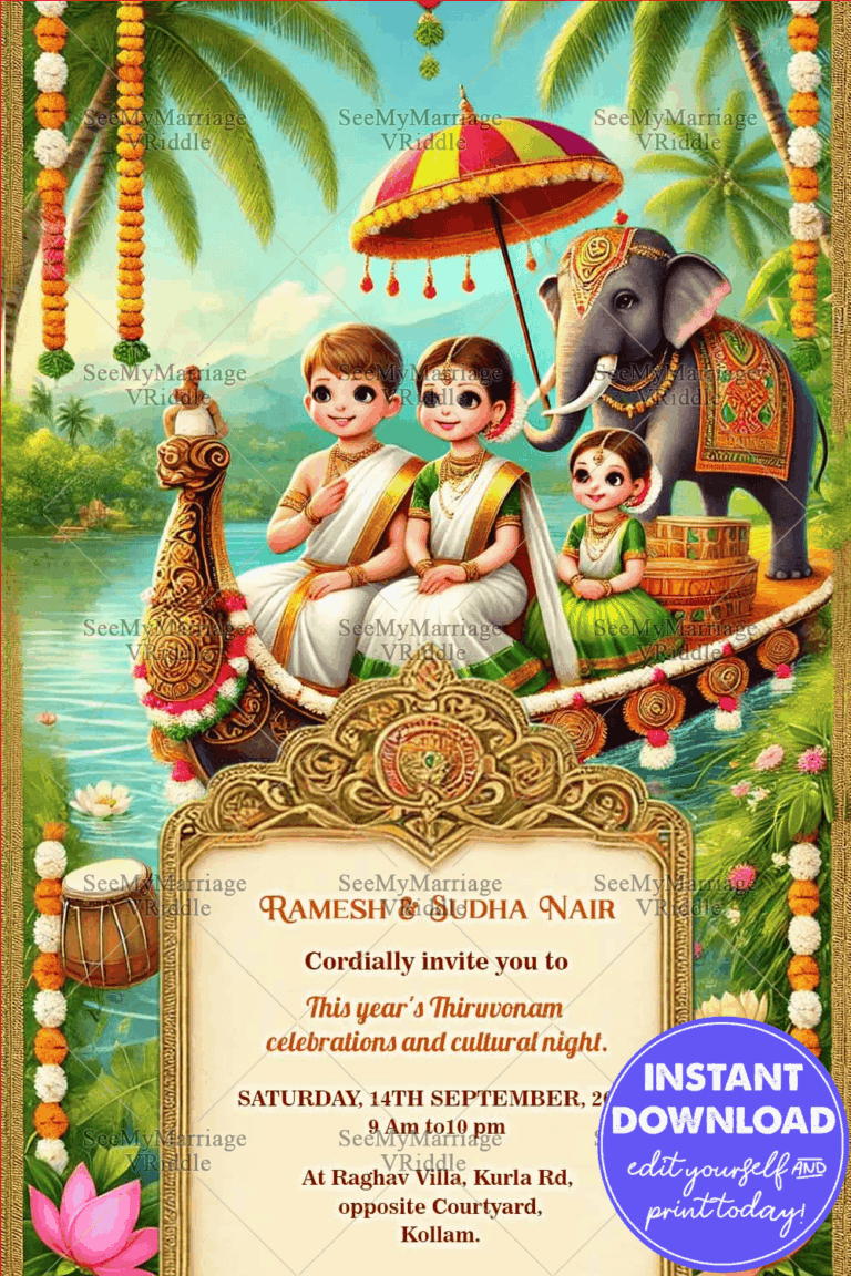Scenic Backdrop Onam Celebration Invitation Card with Cartoon Family, Elephant and Boat Theme