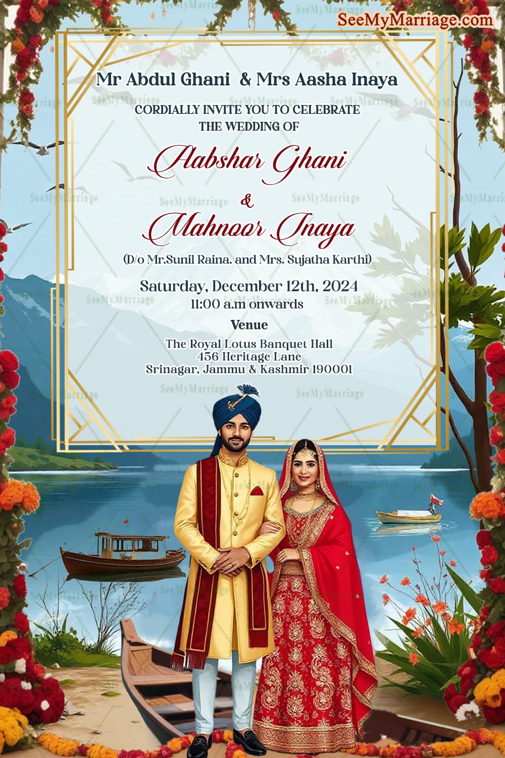 Scenic Lake View Kashmiri Wedding Invitation with Beautiful Couple Illustration and Floral Accents