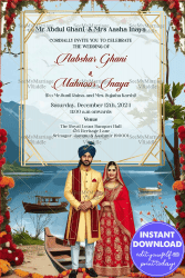 Scenic Lake View Kashmiri Wedding Invitation with Beautiful Couple Illustration and Floral Accents