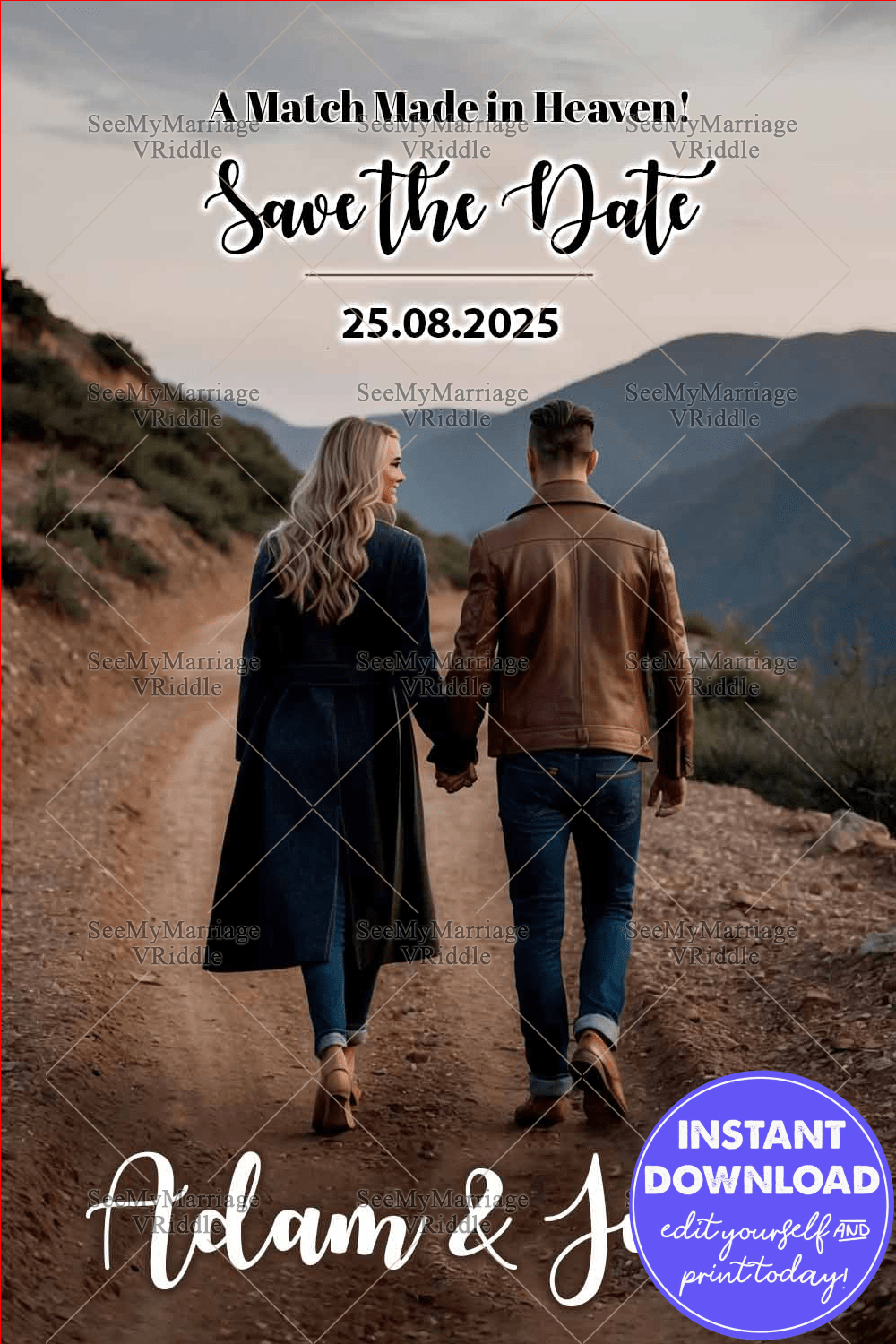 Scenic Romance Save the Date Announcement with Mountain Path