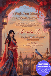 Serene Sunset Half Saree Ceremony Invitation with Cute Girl Illustration and Lanterns Decor Background