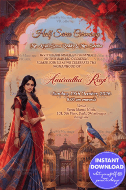 Serene Sunset Half Saree Ceremony Invitation with Cute Girl Illustration and Lanterns Decor Background