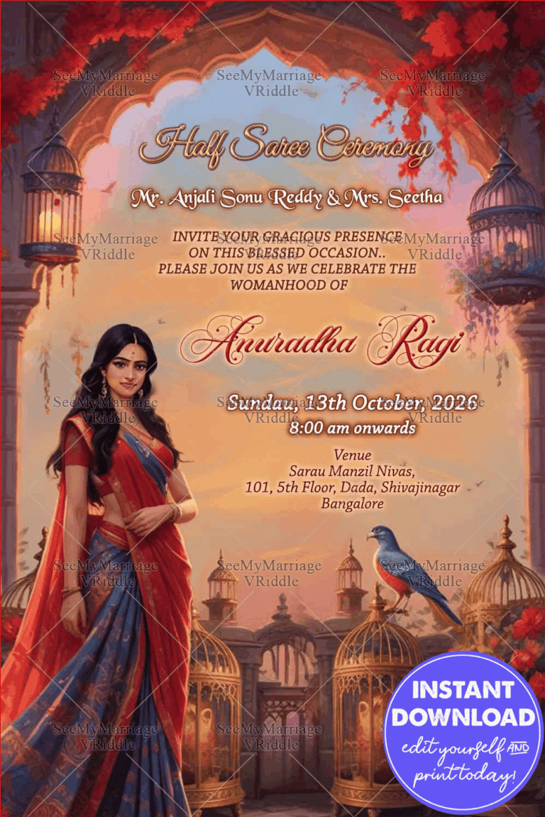 Serene Sunset Half Saree Ceremony Invitation with Cute Girl Illustration and Lanterns Decor Background