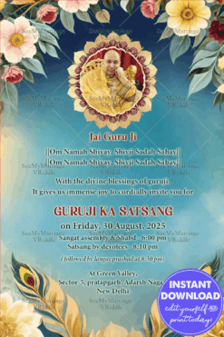 Serene and Spiritual Guruji Satsang Invitation Card with Peaceful Blue Tones and Ornate Florals