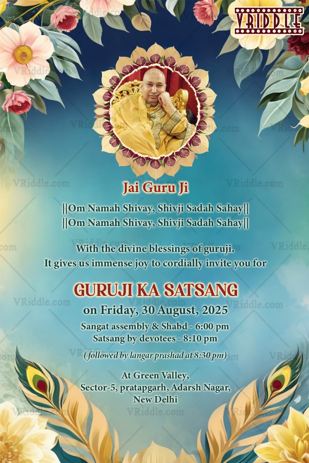 Serene and Spiritual Guruji Satsang Invitation Card with Peaceful Blue Tones and Ornate Florals